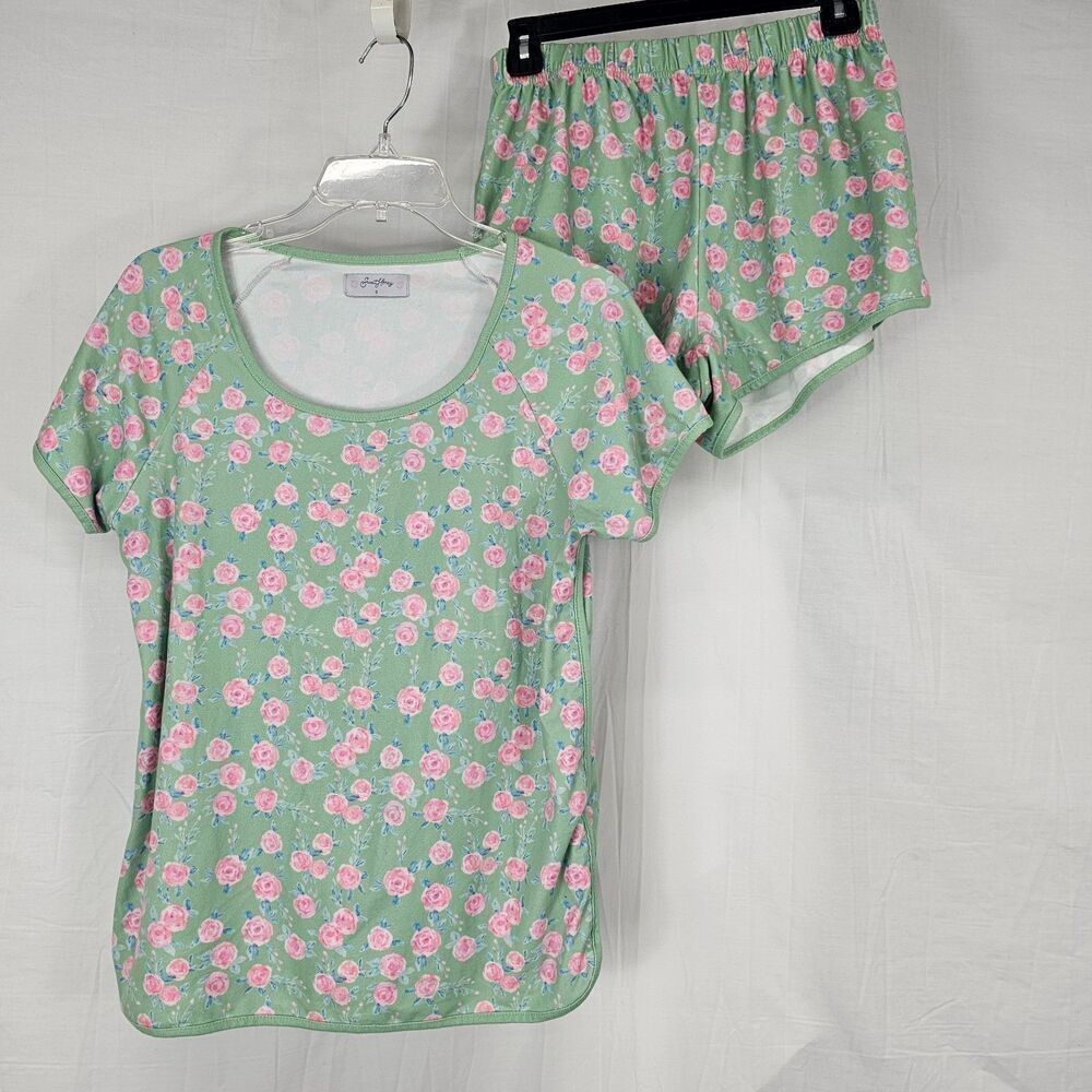 Sweet Honey Women's Size Small Pajmama Set T Shirt Shorts Green With Pink Flower